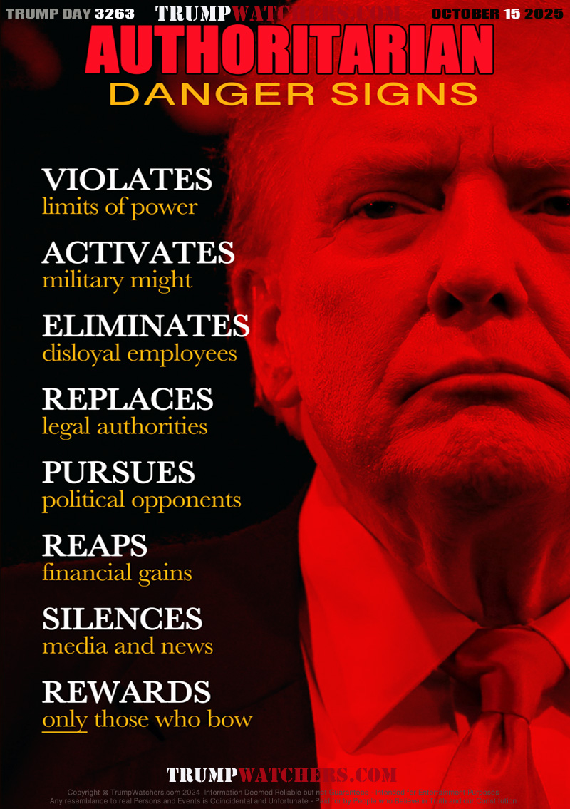 VIOLATES
limits of power

ACTIVATES
military might

ELIMINATES
disloyal employees

REPLACES
legal authorities

PURSUES 
political opponents

REAPS
financial gains

SILENCES
media and news

REWARDS
only those who bow